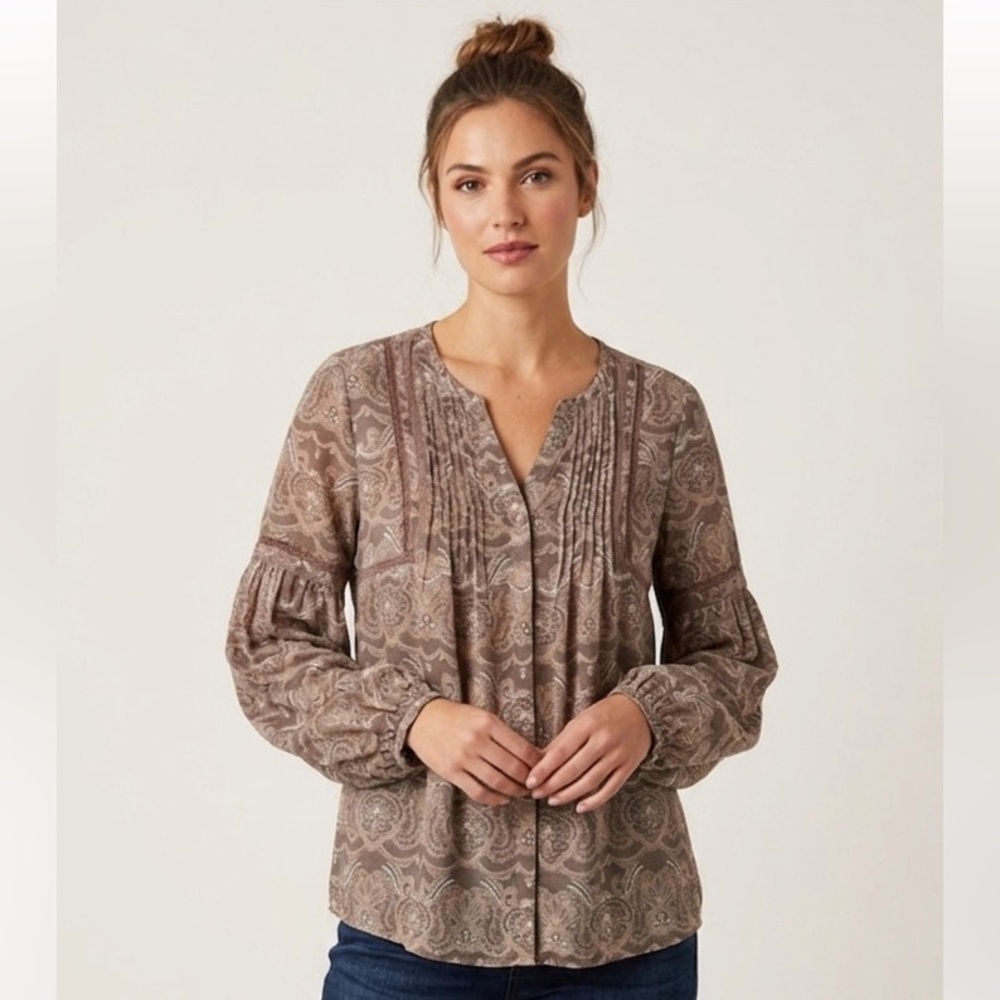 St. John's Bay Brown Paisley Rayon Blend Button-Front Blouse